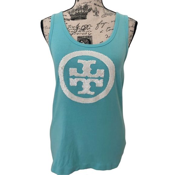 Tory Burch Tops - Tory Burch Blue Sleeveless Sequins Cotton Tank Top Womens Medium